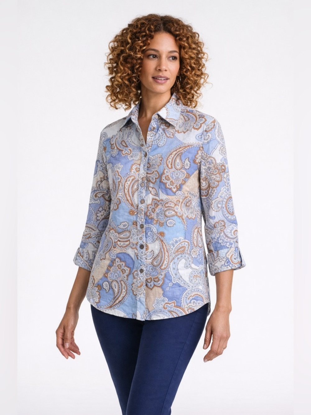 JM Collection Paisley Button Front Blouse Blue Tan Size 12